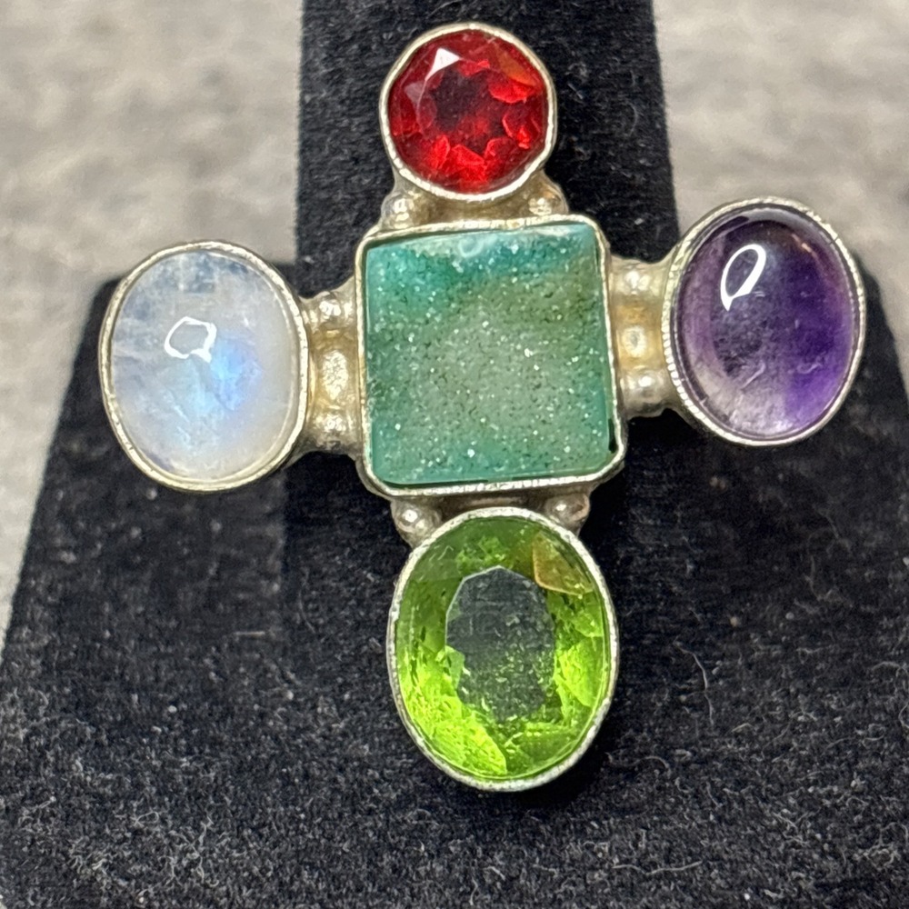 925 Sterling Silver Druzy Agate Moonstone Amethyst Ring Size 7.5 Multi Stone - Picture 4 of 8